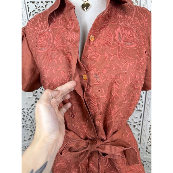 Lafayette 148 100% Linen Orange Floral Embroidered Blouse Medium Preppy Beachy - Picture 4 of 8